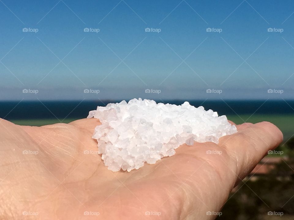 White Sea salt in an outstretched hand in front of an ocean horizon on a clear day 