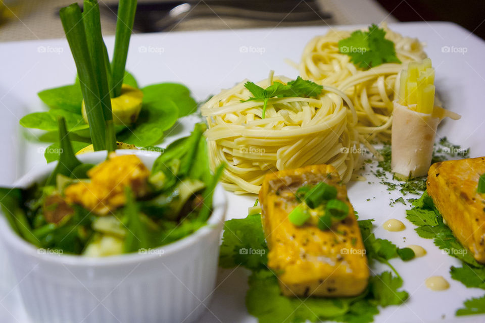 THE DINNER OF PASTA AND GRILLED SALMON