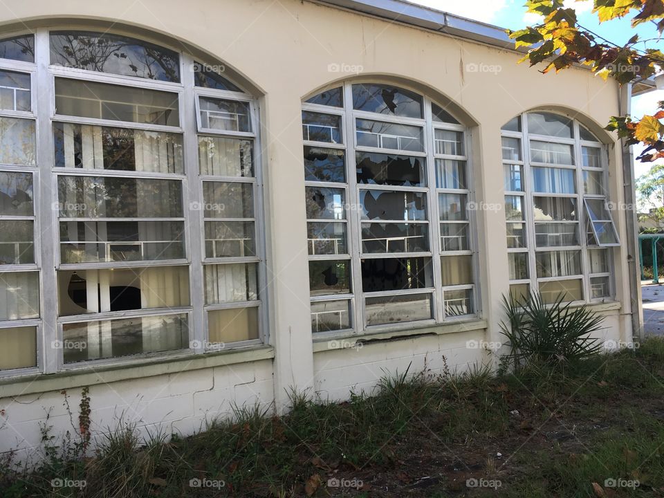 Broken glass at abandoned Robert Hungerford Prep School