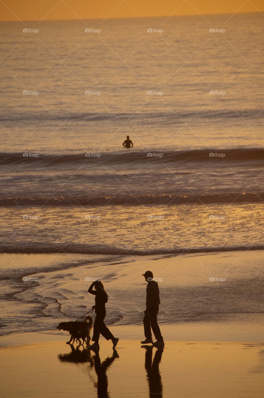 People frolicking on the beach in California at sunset