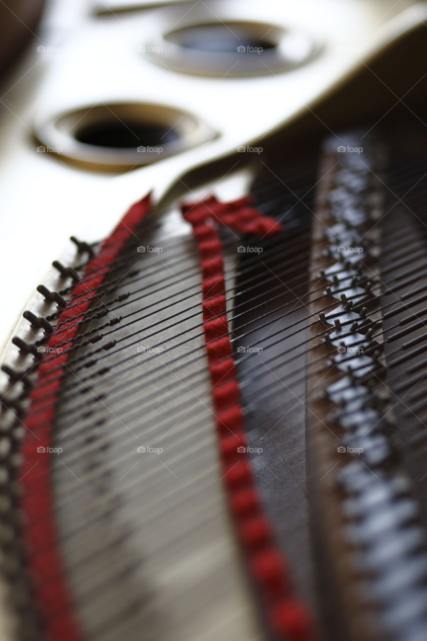 macro close-up focused on grand piano cordes