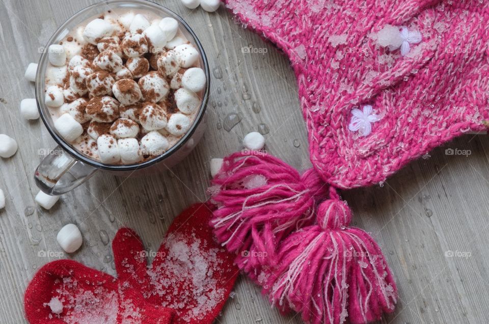 High angle view of marshmallow with cocoa powder