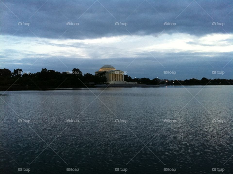 The Thomas Jefferson Memorial viewed in early twilight from across the Tidal Basin