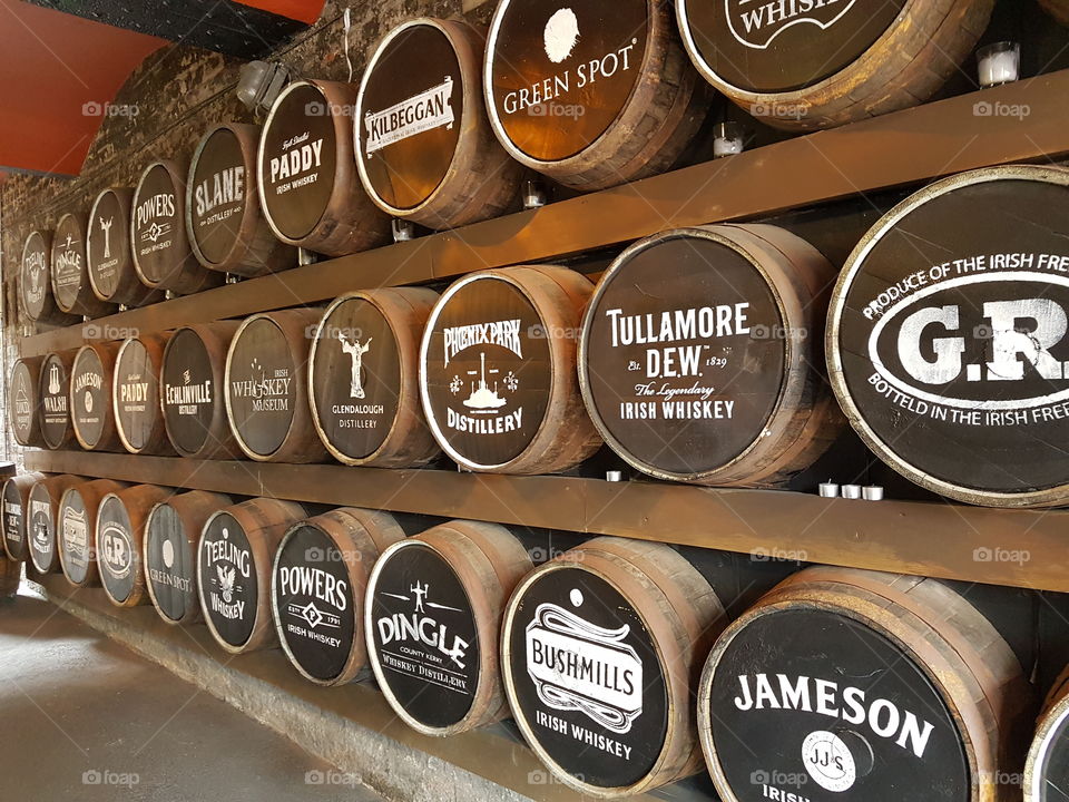 whiskey barrels at the irish whiskey museum in dublin ireland