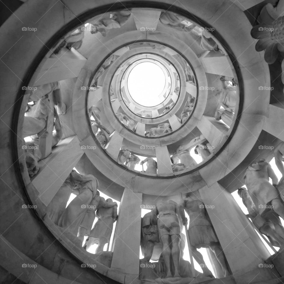 View from inside the tower depicting the Via Crucis, a sculptural work by Giannino Castiglioni for the tomb of the textile entrepreneur A.Bernocchi.