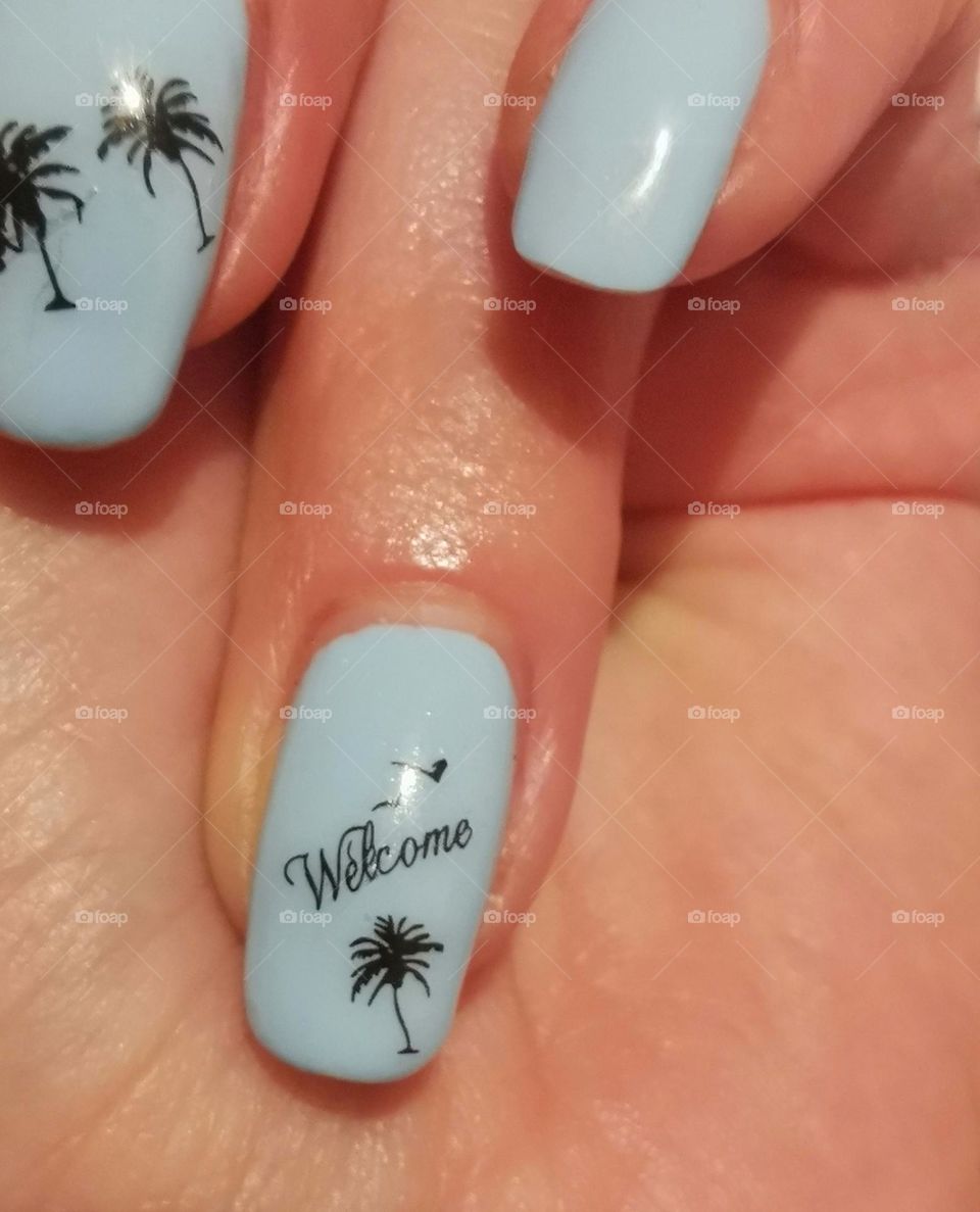 Join the beauty community nails art manicure human hand fingers long form shape day part welcome sticker palms design decor decoration blue Light