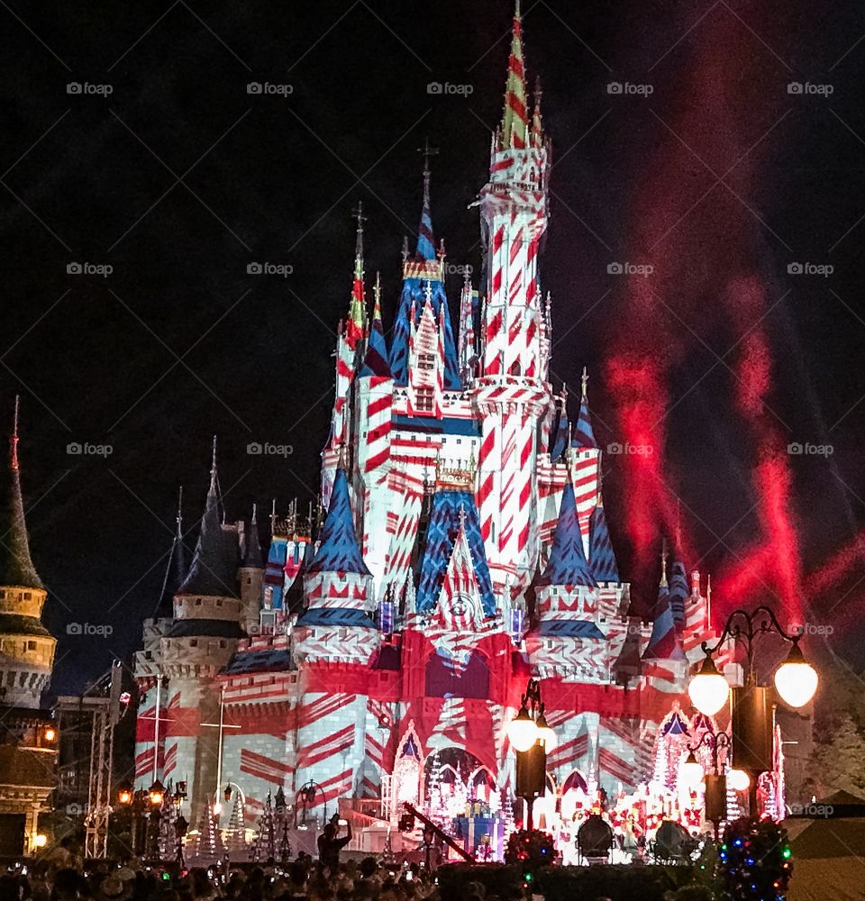 Christmas time at the Magic Kingdom in Walt Disney World. Peppermint flavored castle. 