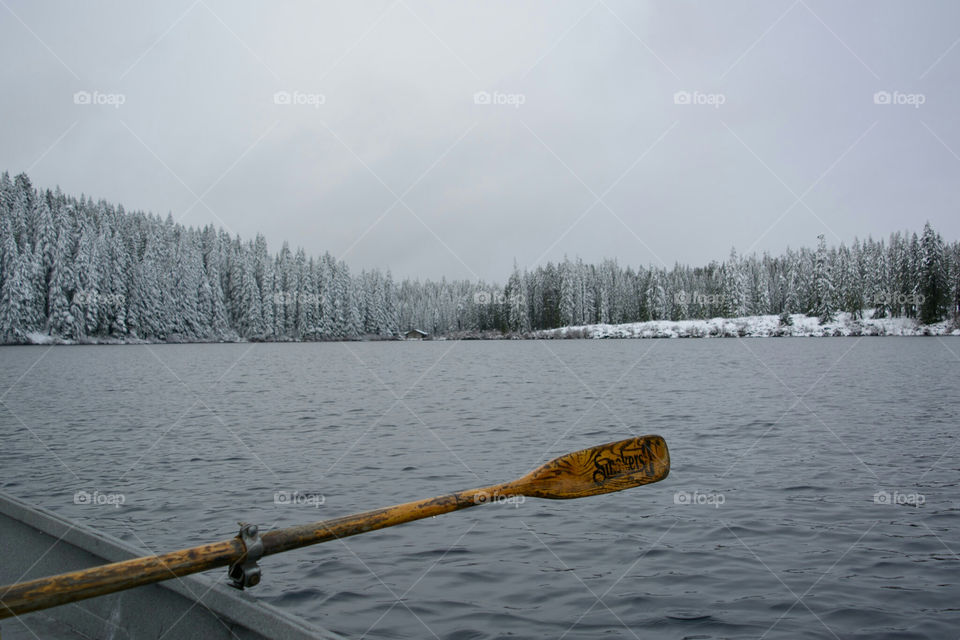 Row Boat on the Snowy Lake at Clear Lake Resort Santiam Pass Central Oregon Mountains