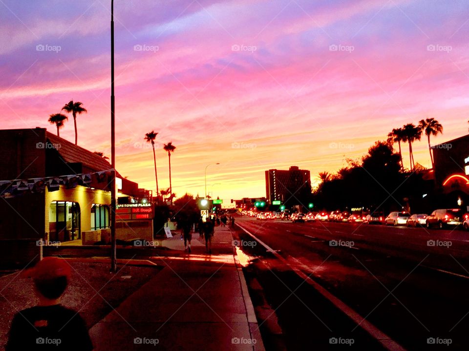 Desert City Sunset. Walking along a street at Sunset in Tempe, Arizona USA