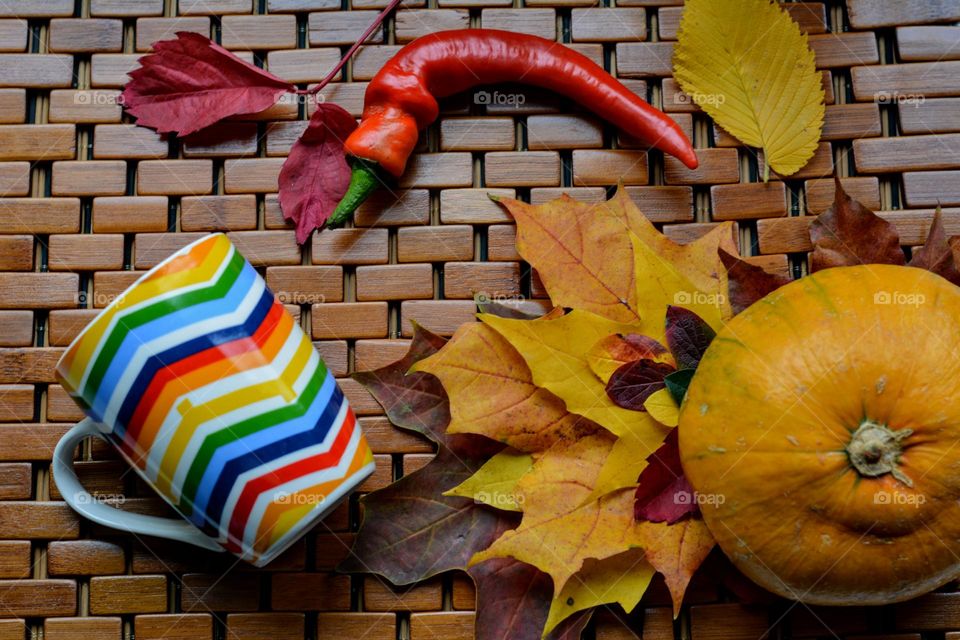 love autumn time lifestyle cup, vegetables and colour leaves