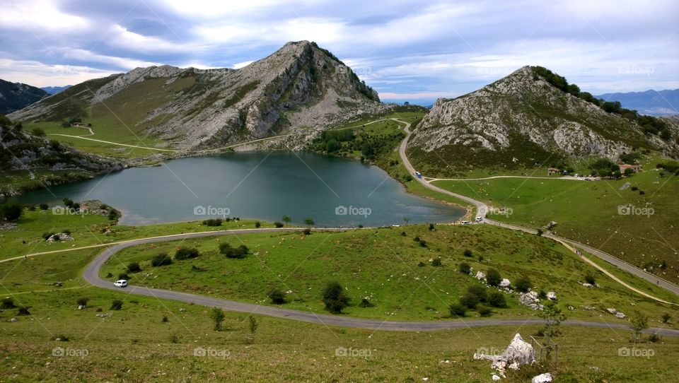 View of Lake Enol. Landscape of Lake Enol in Covadonga Lakes, Picos de Europa, Asturias - Spain