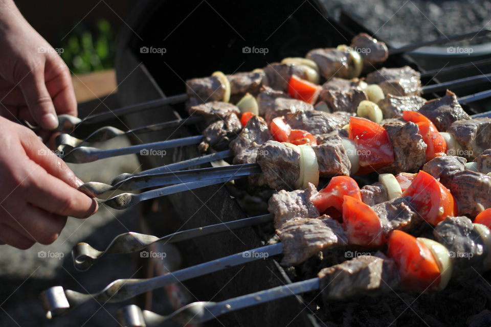 Barbecue, food, meat, food, tomatoes, onion, skewers, BBQ, "eating out", rest, holiday,  shish kebab on the grill