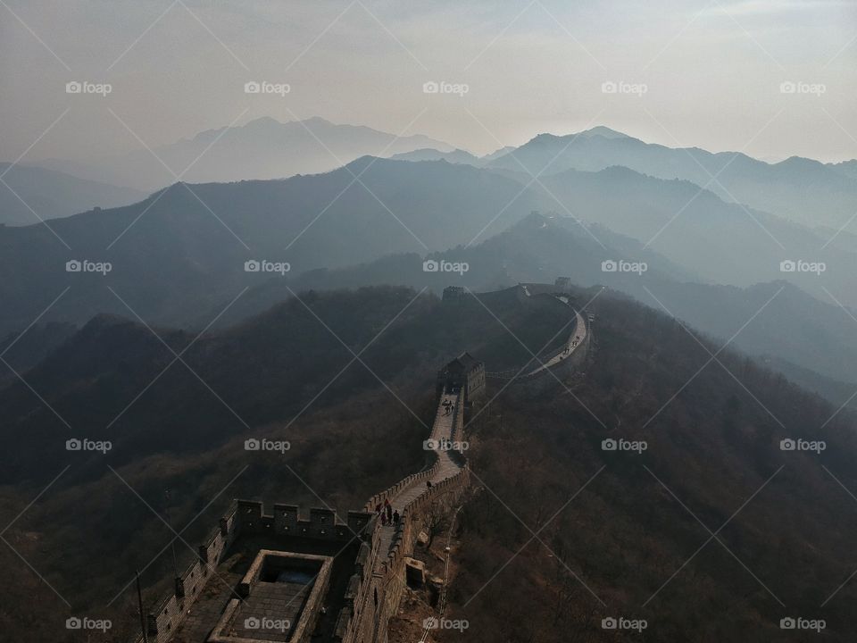 Flying over the Great Wall of China at Mutianyu