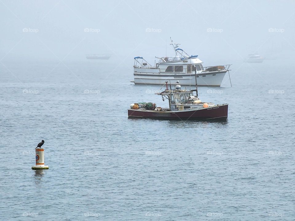 Small watercraft float near the shore in the Pacific Ocean