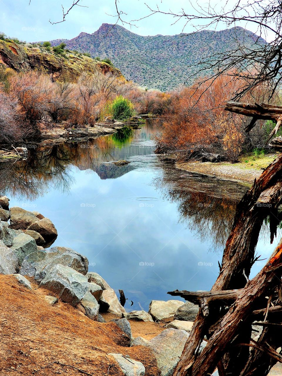 A calm winter day along the Salt River at Coon Bluff near Mesa Arizona has diverse colors and beautiful reflections