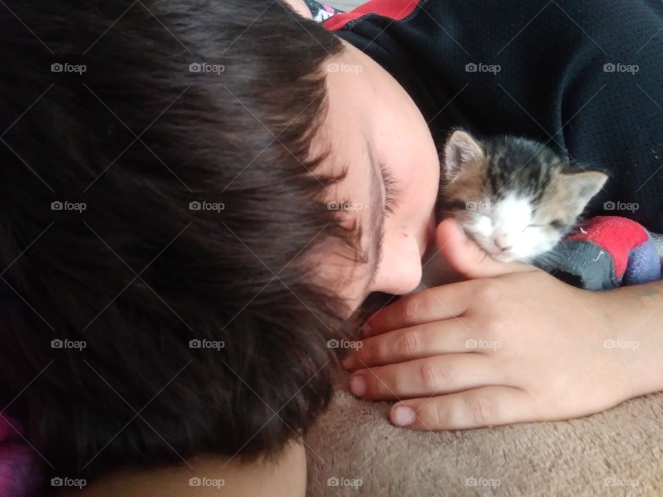 sleeping kitten and 10 year old son