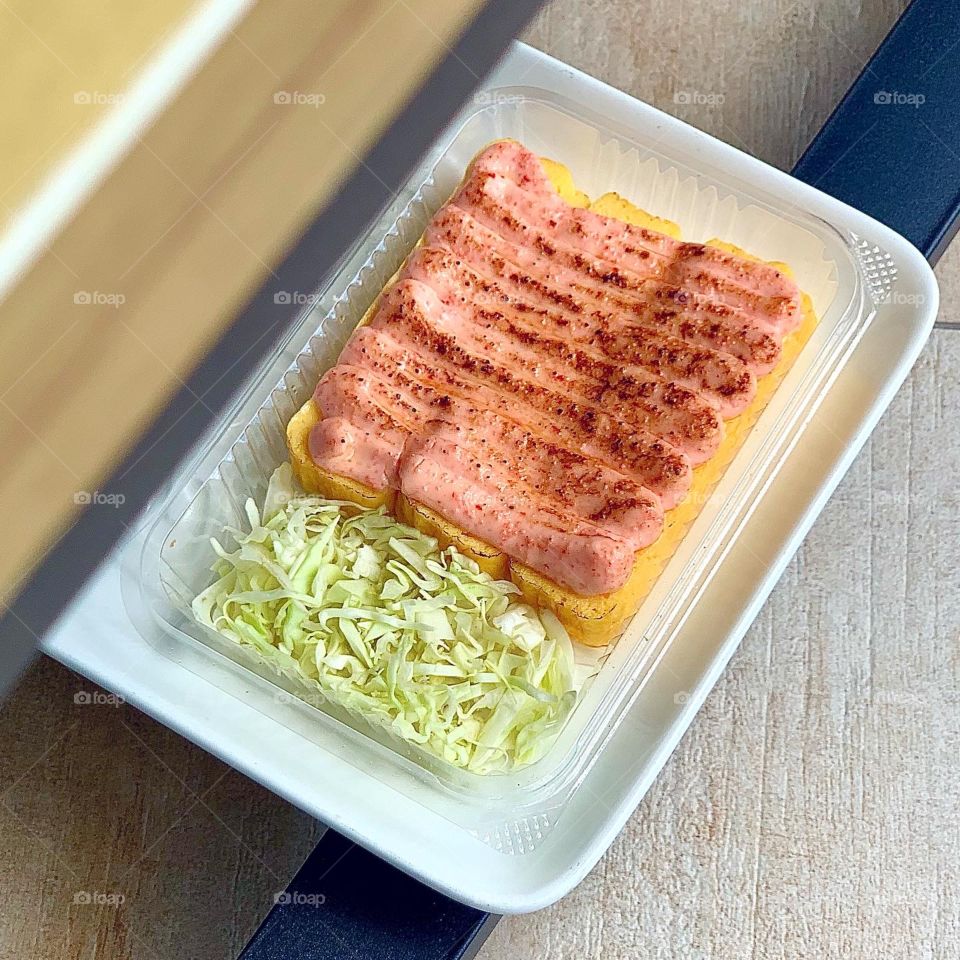 Mentaiko feast with salmon, spicy chicken, tamago and fries 