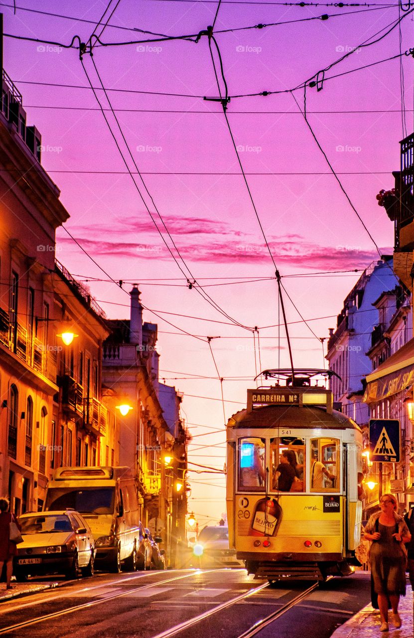 tram car in Lisbon at a beautiful dusk