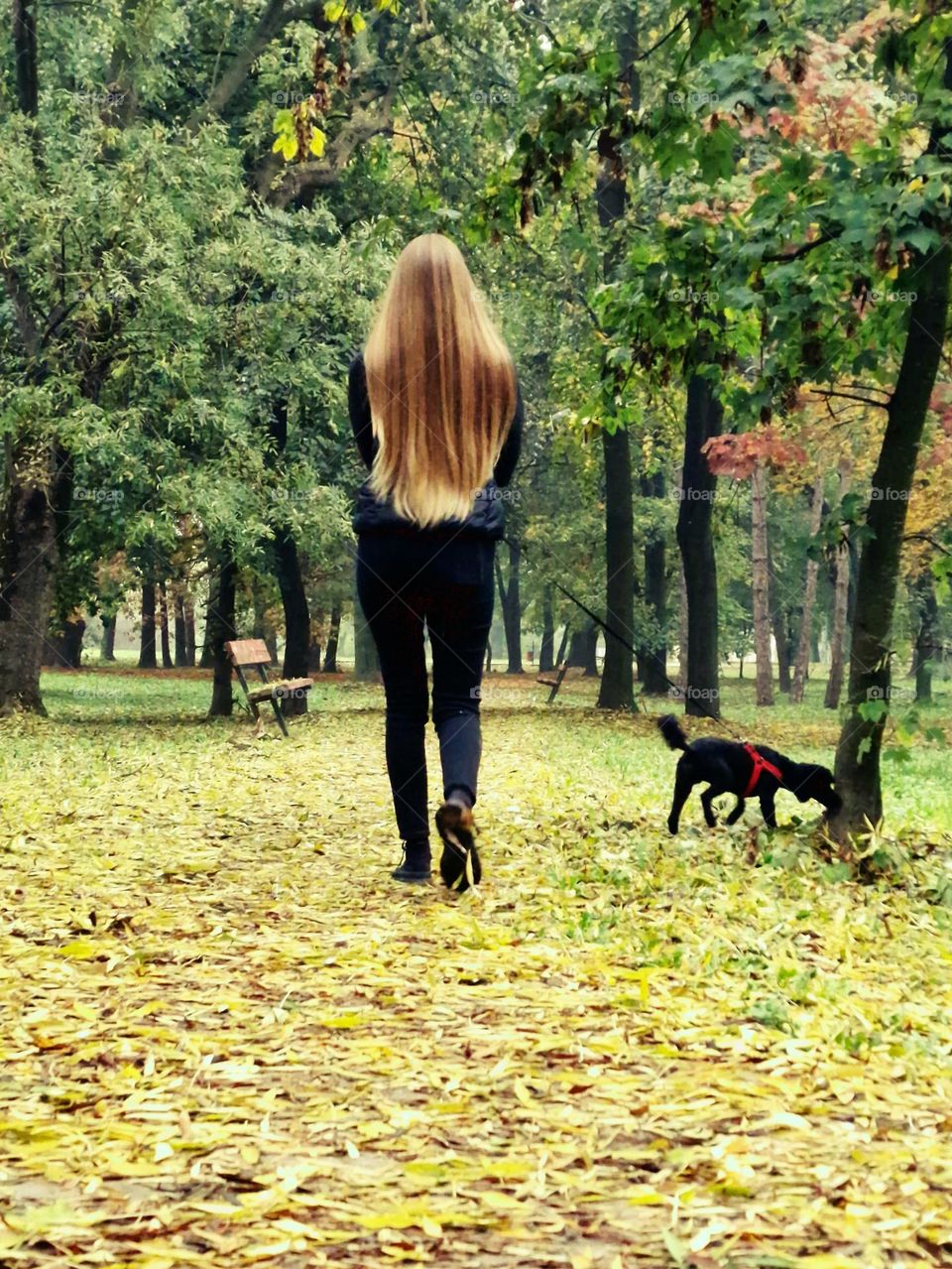 the girl was walking the dog