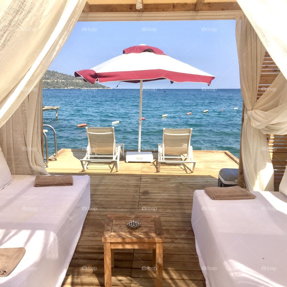 VIP huts on the private pier at the beach of luxury resort at Aegan Sea, Bodrum Turkey