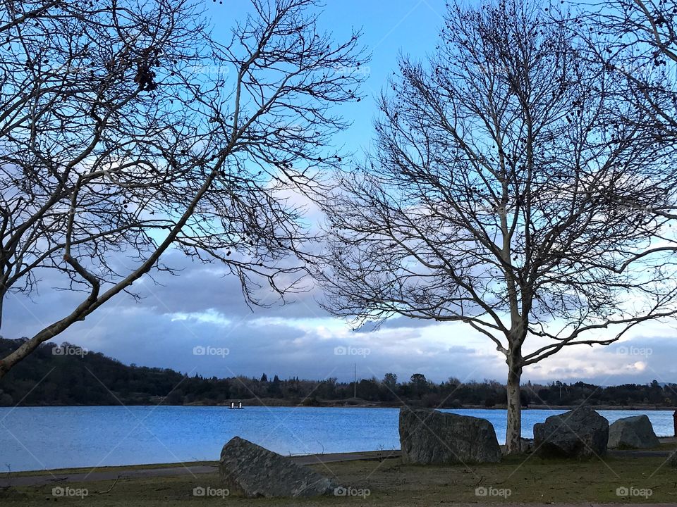 Near the the end of the day, a lake with leafless trees, clouds and blue sky