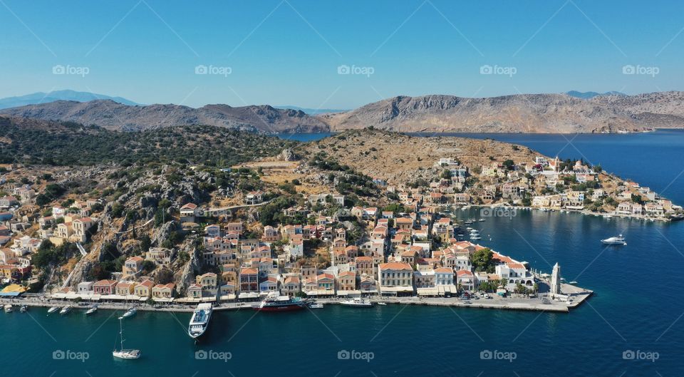 Elevated view of town on symi island 
