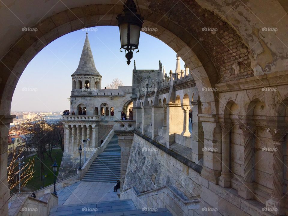 The Halászbástya or Fisherman's Bastion is a terrace in neo-Gothic and neo-Romanesque style situated on the Buda bank of the Danube, on the Castle hill in Budapest, around Matthias Church.