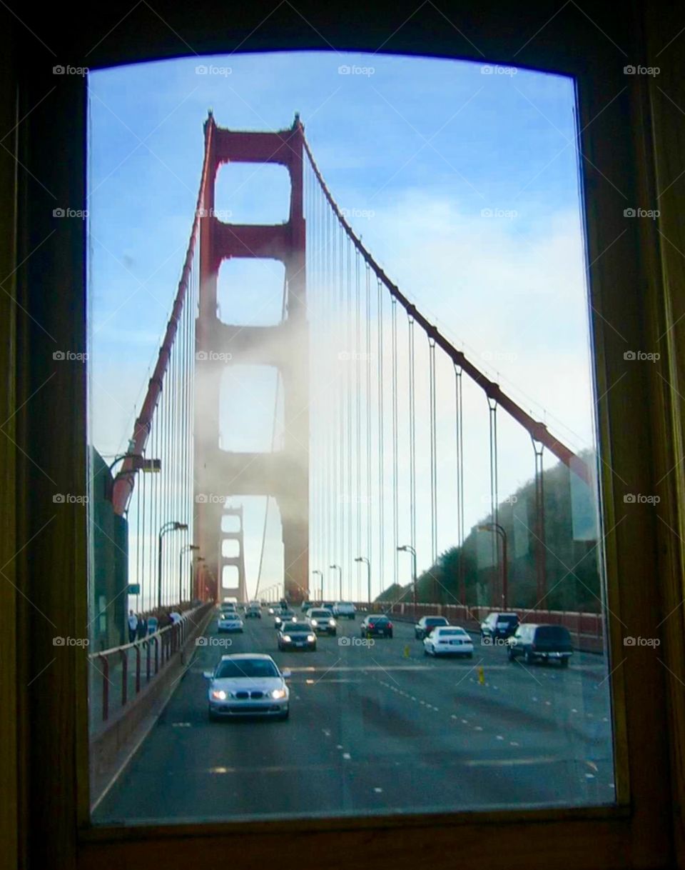 Golden Gate Bridge framed by trolley window