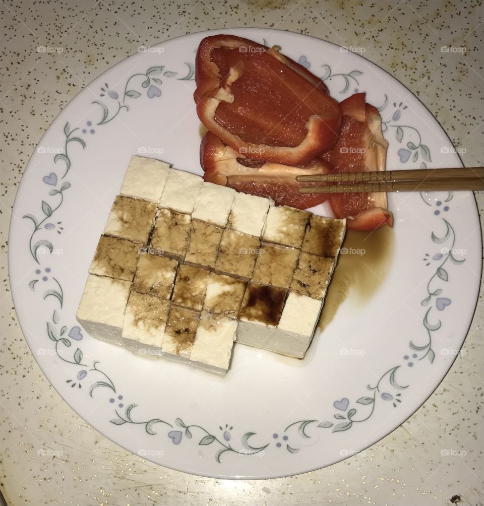 Tofu and colored bell pepper for supper. This is a healthy way to eat.