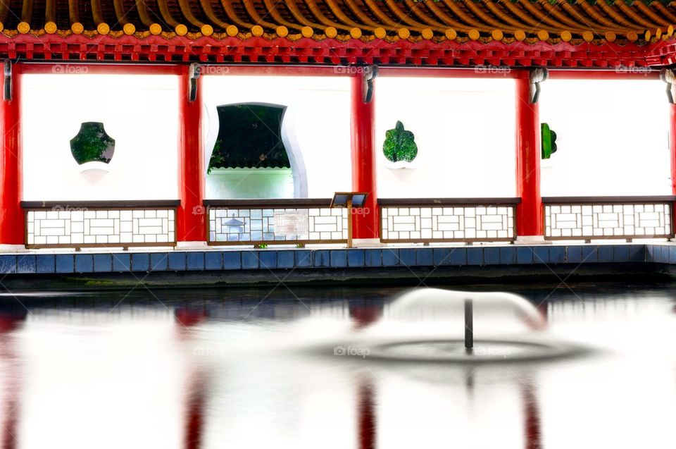 Chinese house and fountain