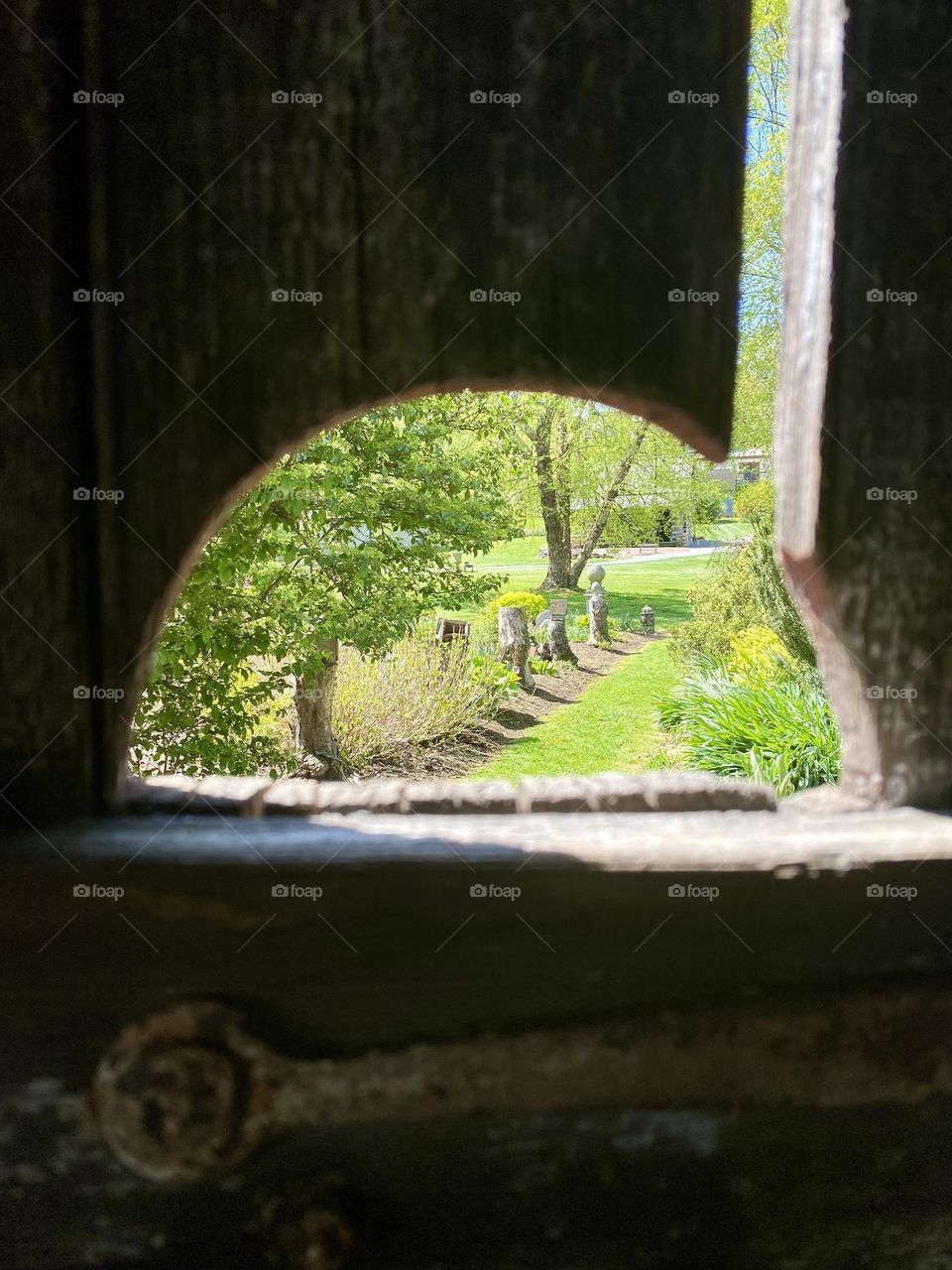 The view of a garden from a semicircular hole in a wood door