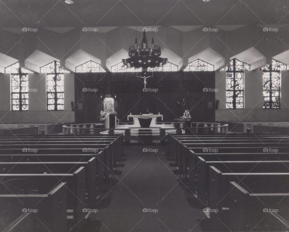 In the House of God. Vintage image of the inside of St. Bernard Church. Circa 1961.