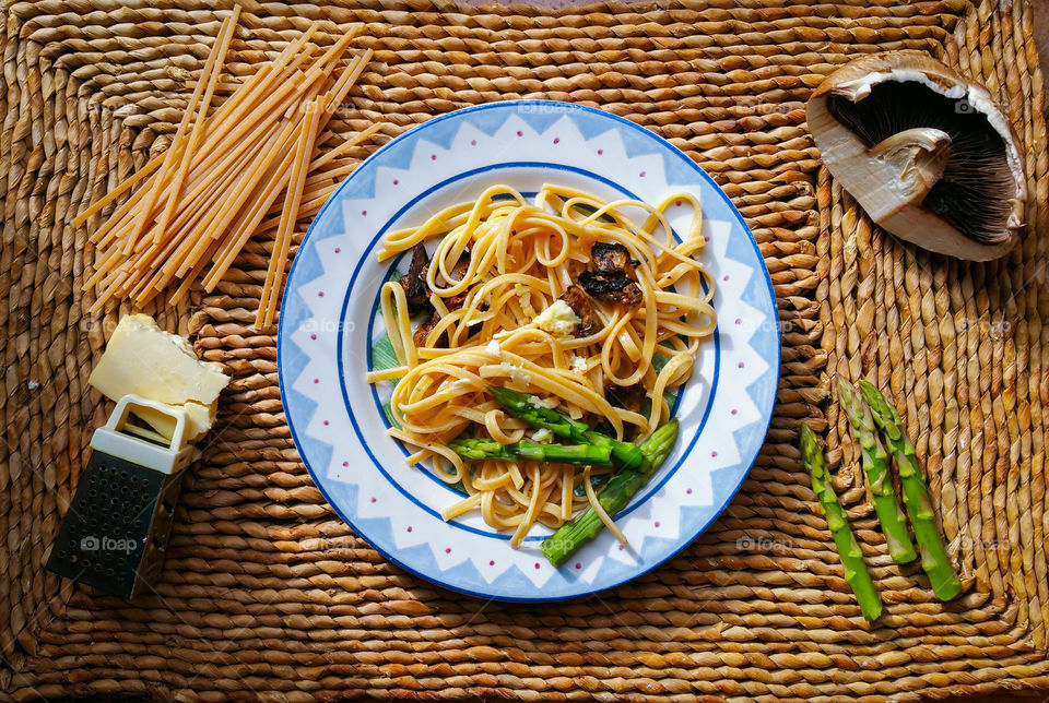 Spaghetti dish on table