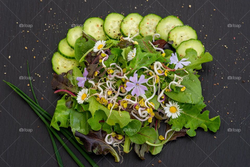 green salad with edible flowers