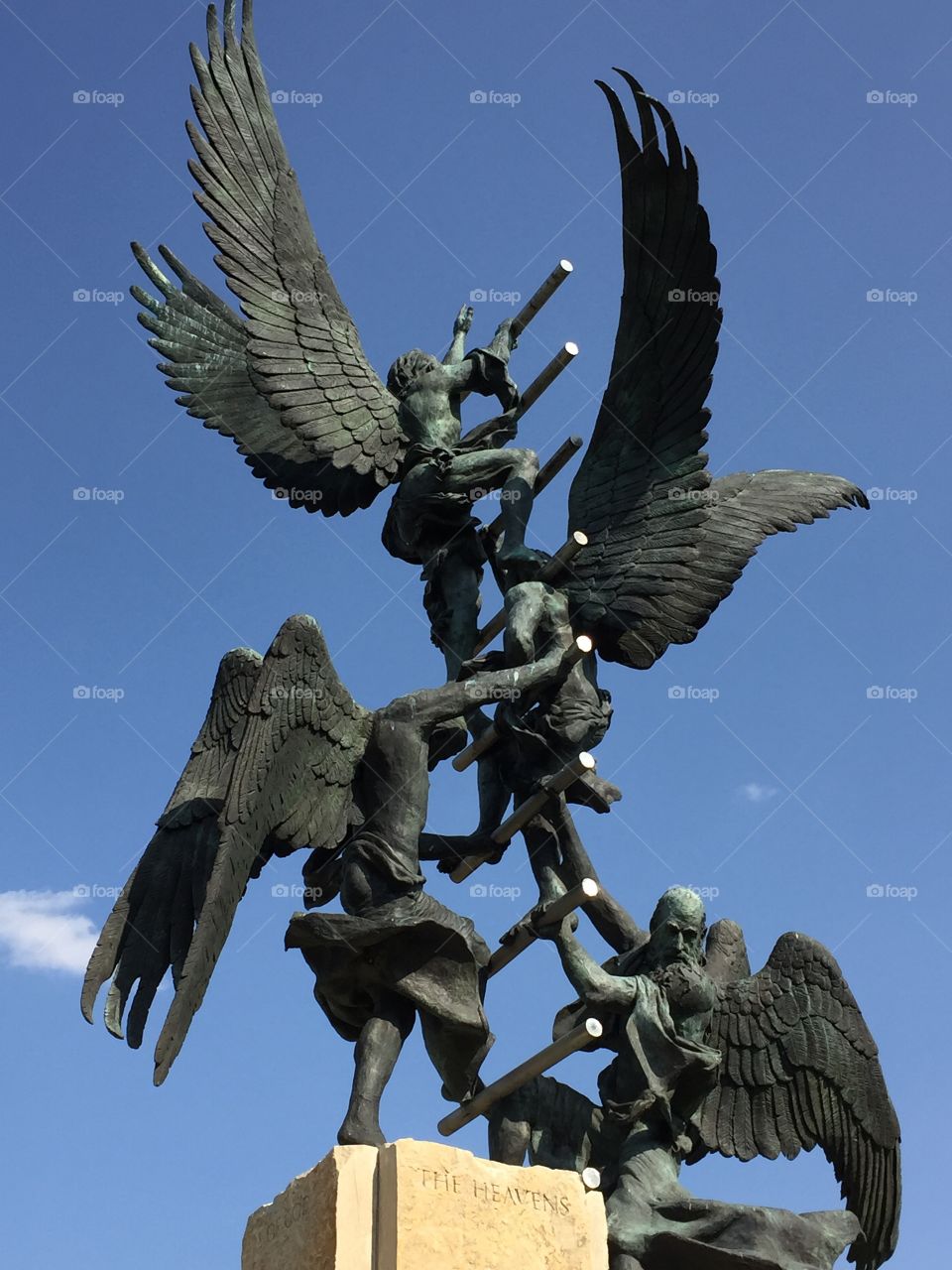 Rendi Hahn. Angels climbing the ladder into heaven at Jacob's Dream sculpture, Abilene Christian University in Abilene, Texas. 