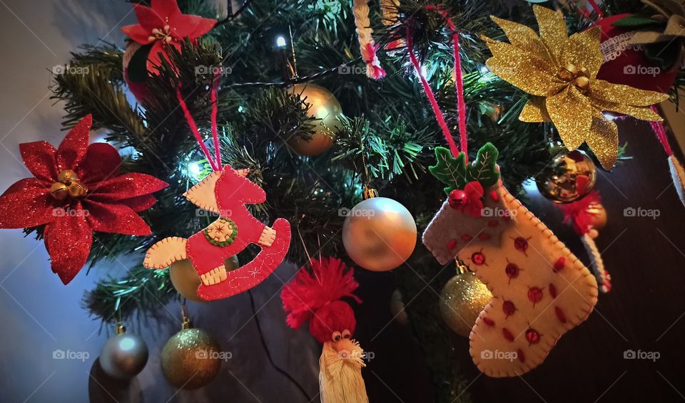Hand-sewn decorations for the Christmas tree.