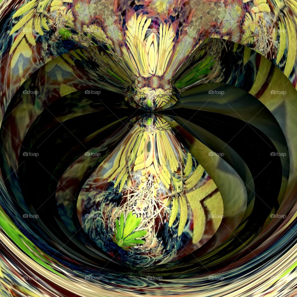 gold and green foliage in an abstract cyclone and mirror design