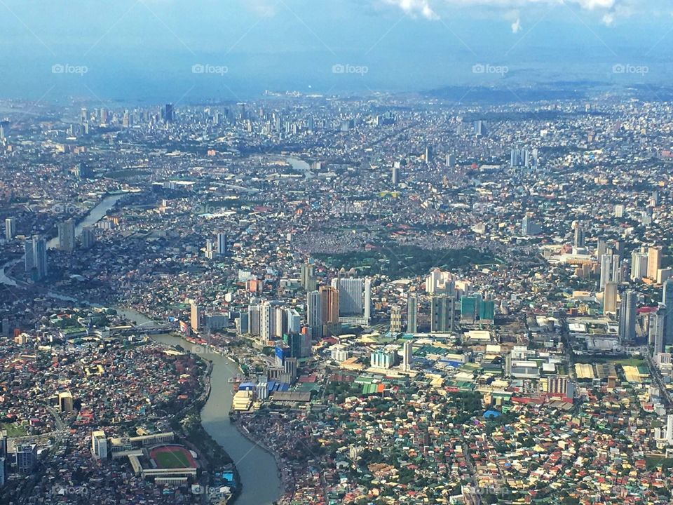 Aerial view of the city and the river 