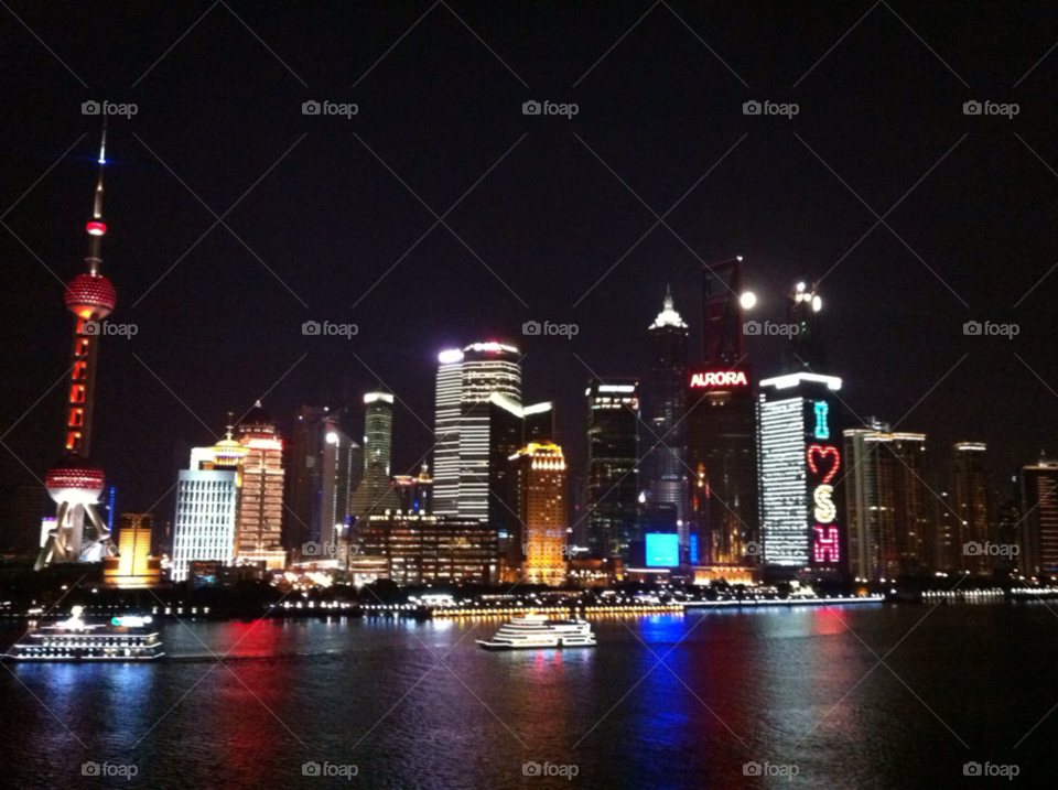 night skyline lights shanghai by jadeh