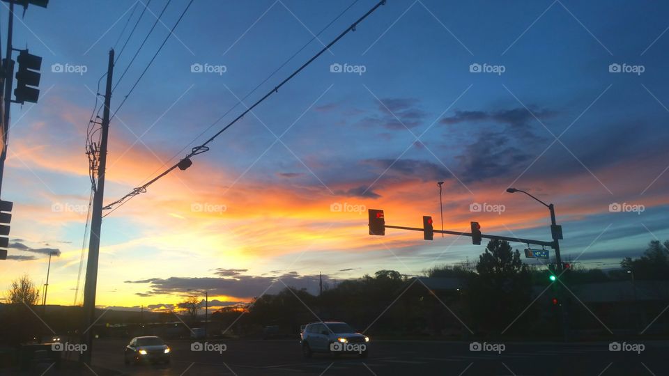 street lights and sunset
