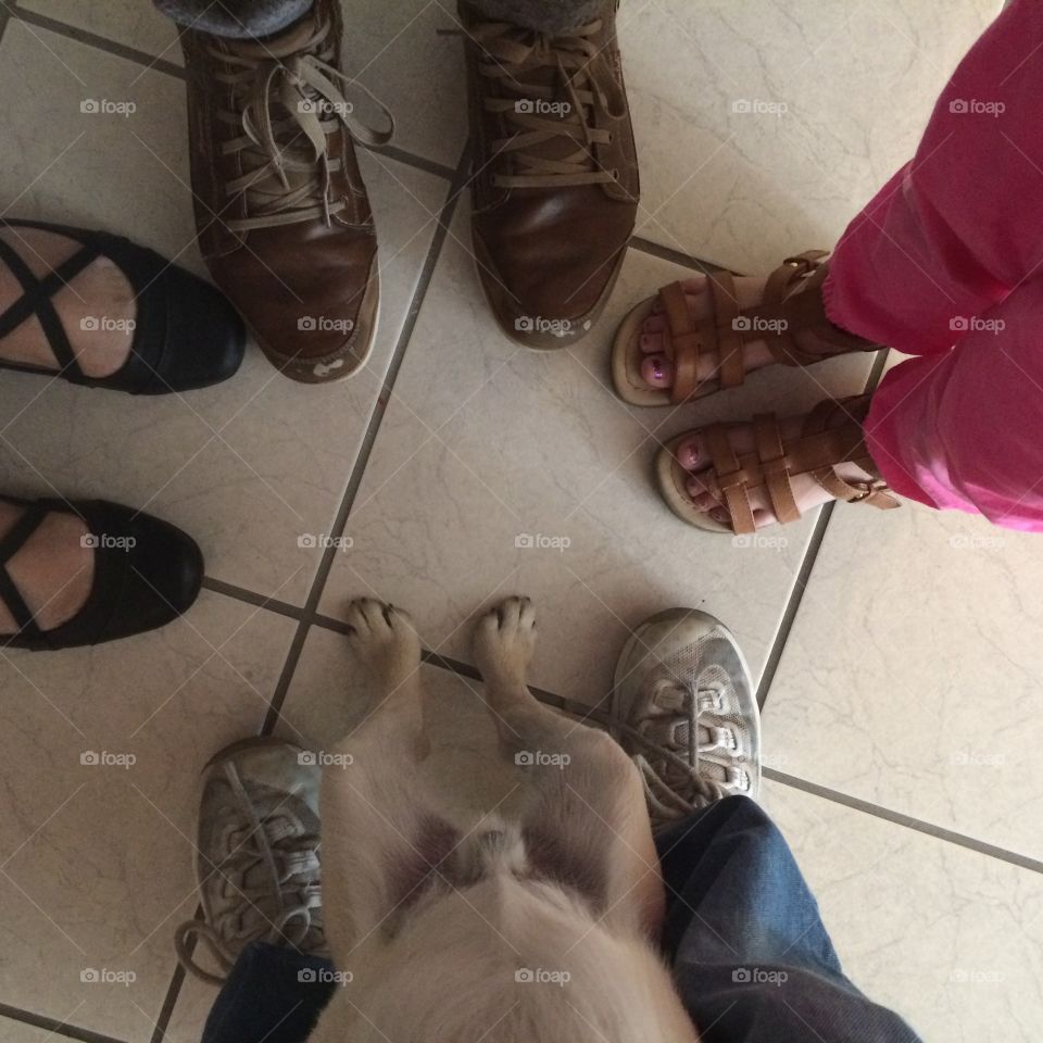 Low section of people standing on tile floor