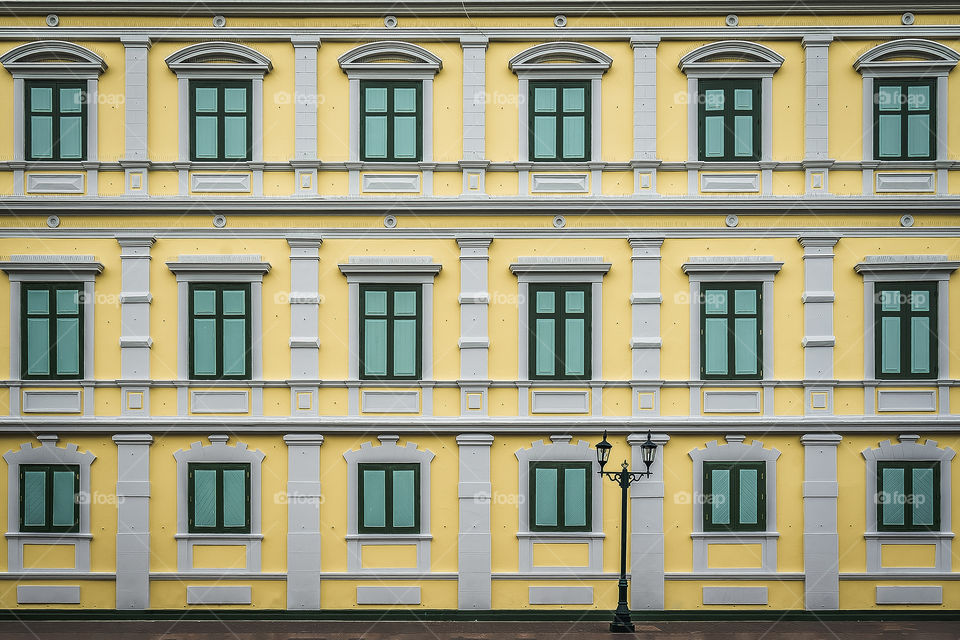 Vintage Windows on the Wall of Thailand Ministry of Defense Building, Texture for Background