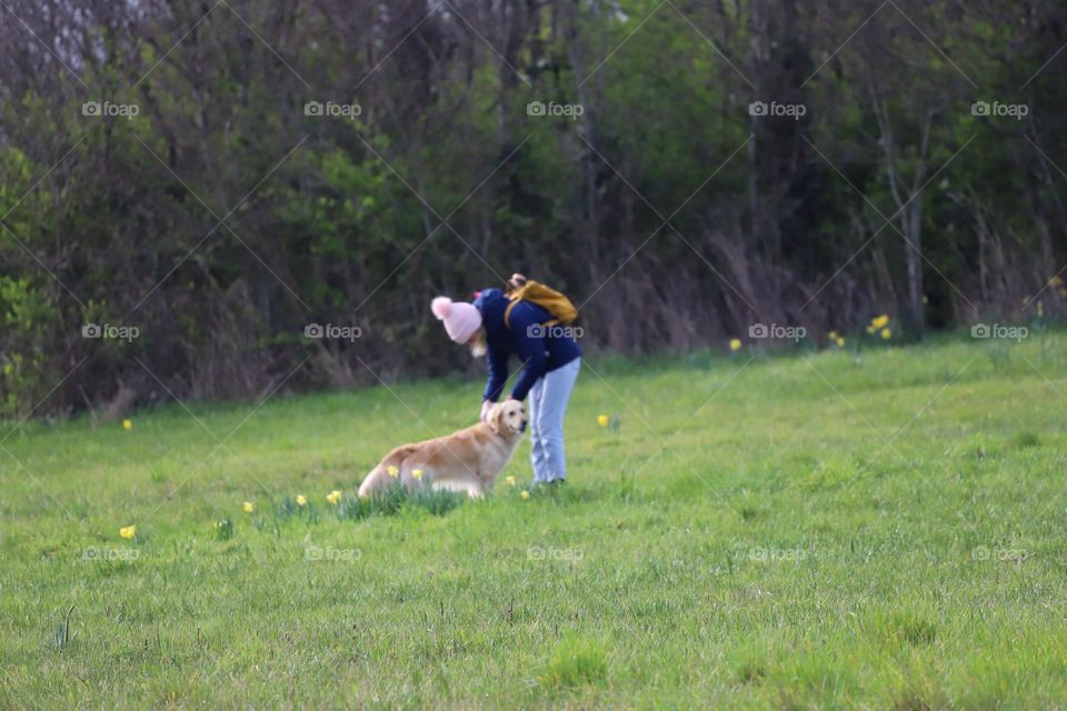 Girl and a dog on a green field where daffodils popped up