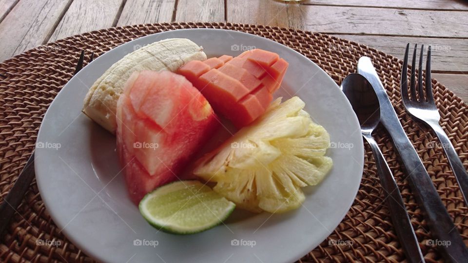 a very healthy breakfast fresh from the plants. melon watermelon, banana
