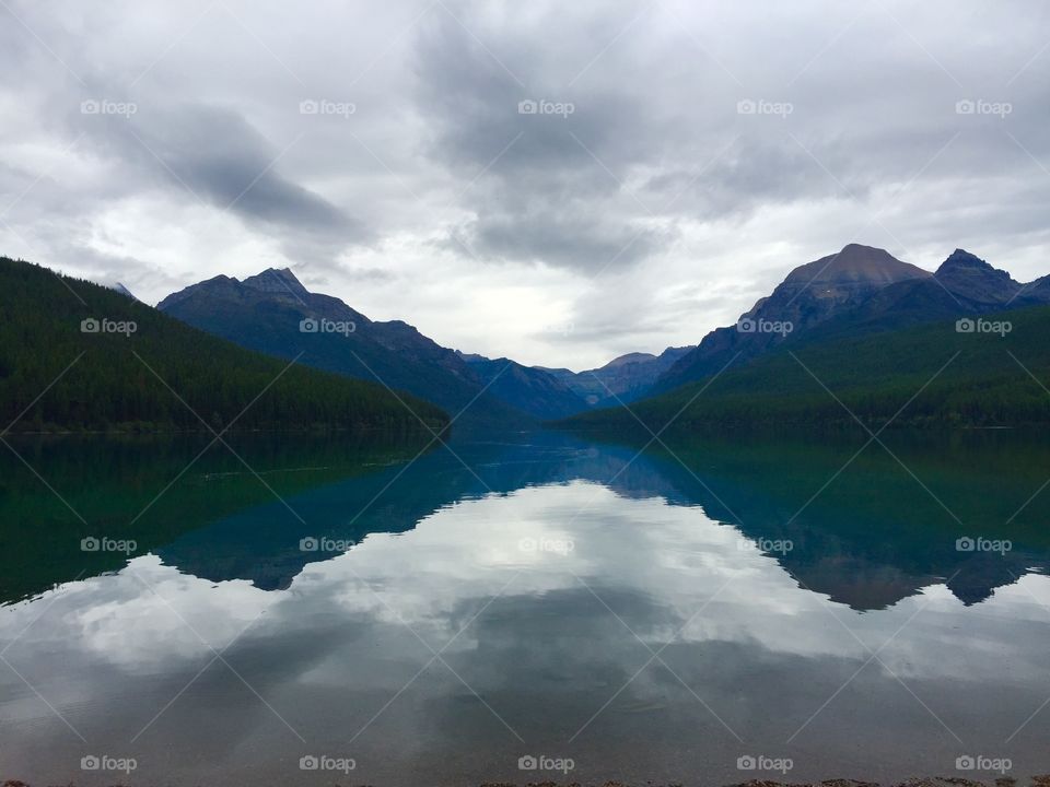 Mountain reflection on Bowman Lake in Glacier National Park, Montana 