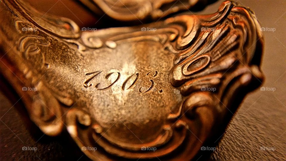 Tarnished Silver Teaspoon, part of grand mother's 1903 Wedding Silver, made into a spoon ring.