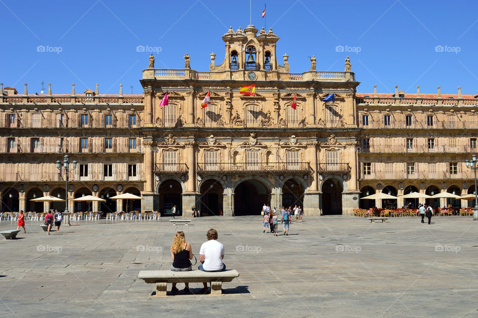 View of Salamanca city hall from Plaza Mayor, Salamanca, Spain.