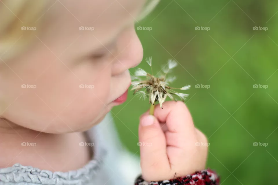 Kind and flower.Ребенок держит в руке одуванчик.