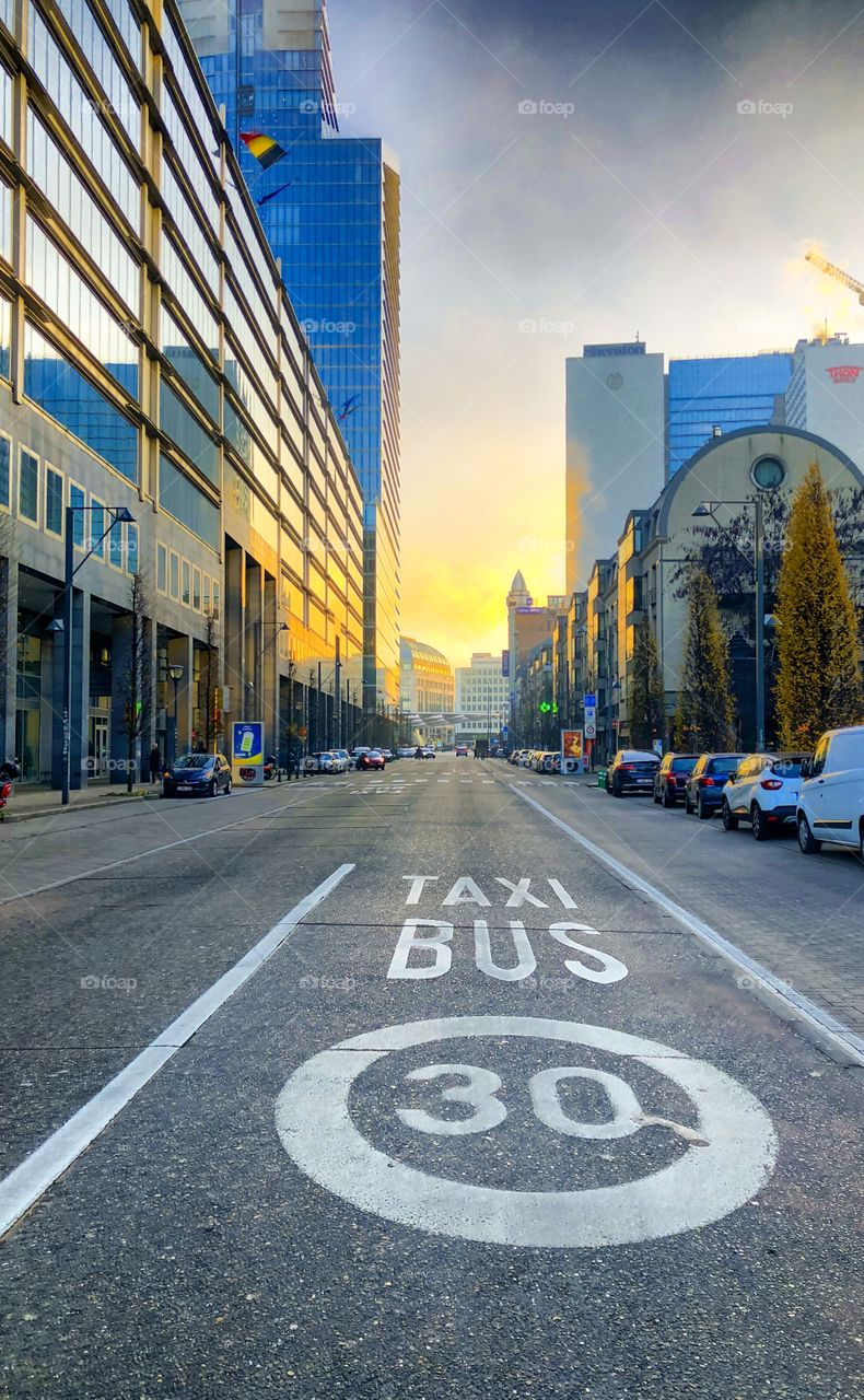 City street sunrise view of Brussels