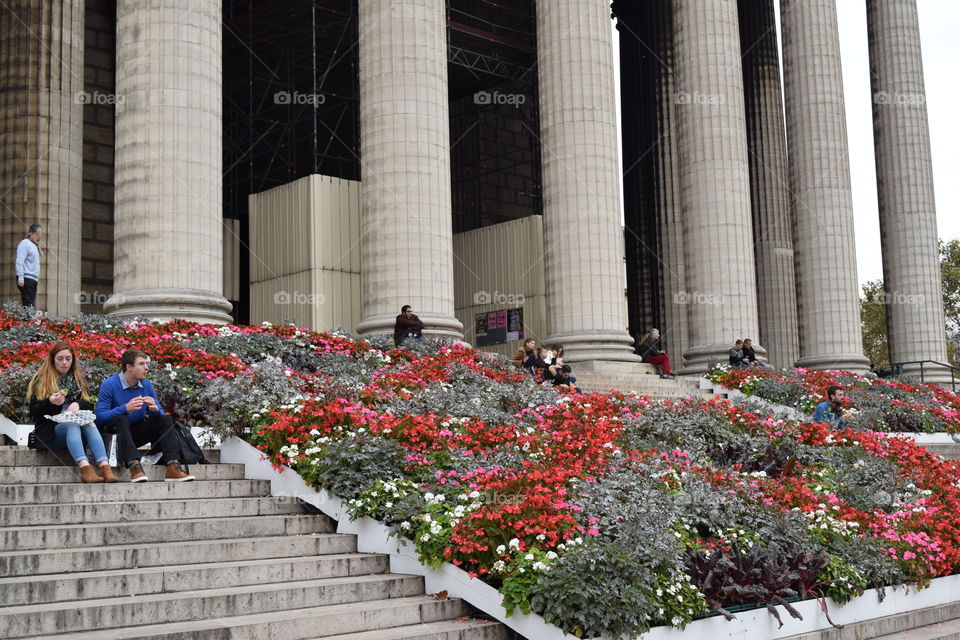 A garden grows on the steps of L'eglise de la Madeleine in Paris, France. October 2016.
